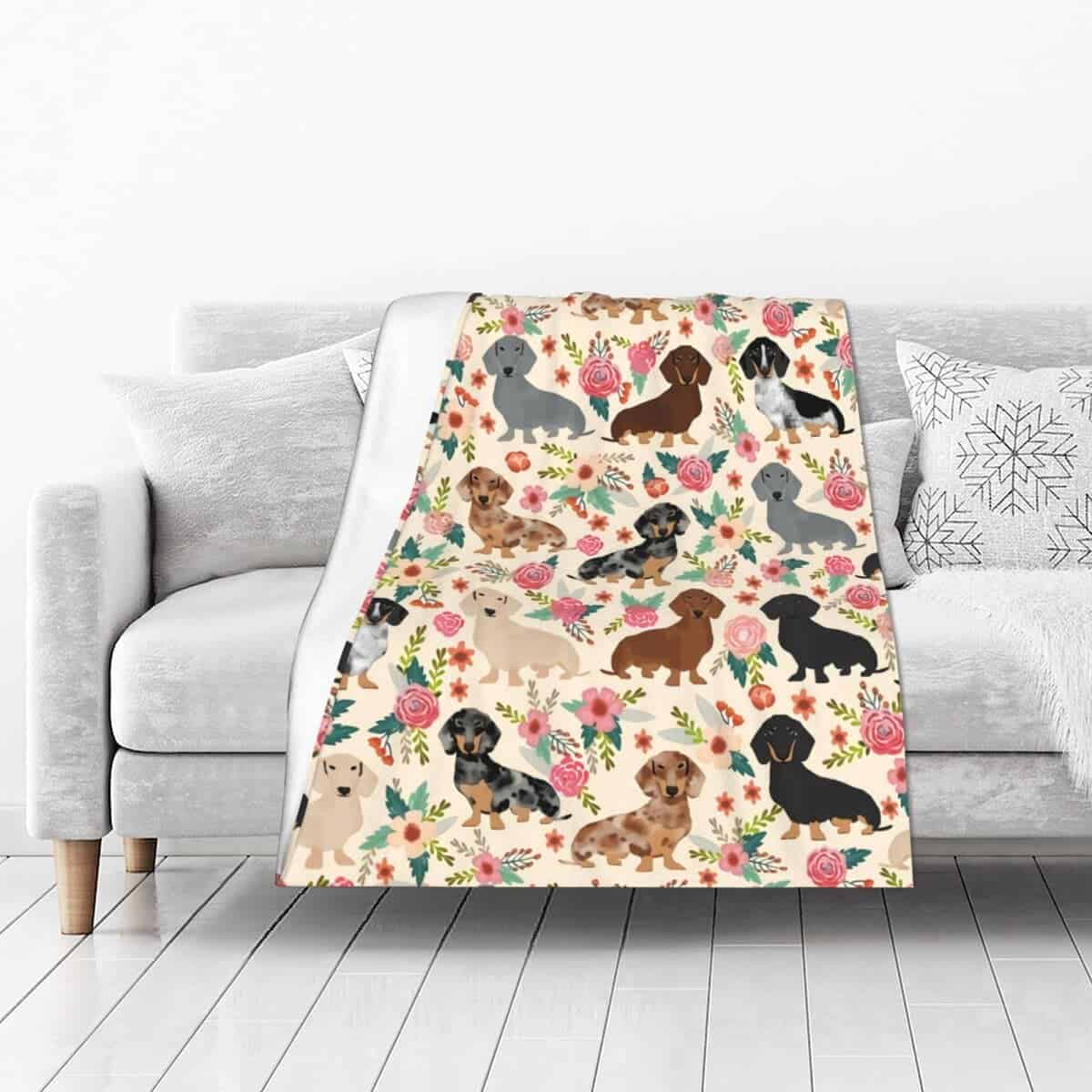 Manta de Lana de Perritos Salchicha con Estampado de Flores - Imagen 3