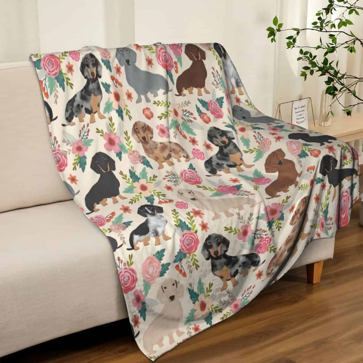 Manta de Lana de Perritos Salchicha con Estampado de Flores - Imagen 8
