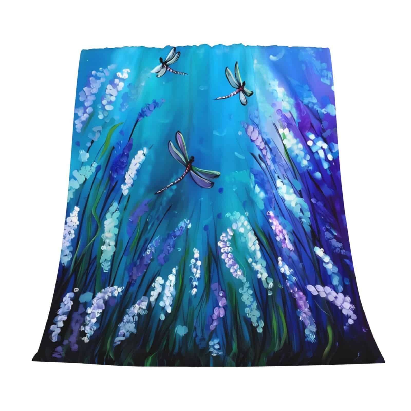 Manta de Microfibra de Felpa con Flores Púrpuras y Libélula