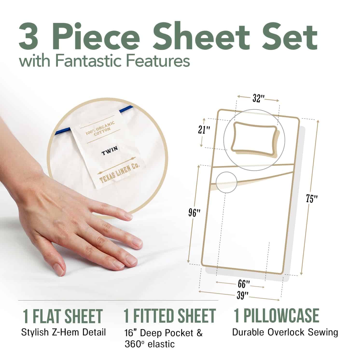 TEXAS LINEN CO. Juego de sábanas de algodón -Verde Salvia - Imagen 5