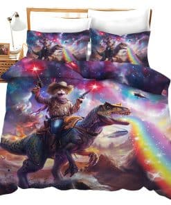 Set de edredón de gato divertido Cat Riding Dinosaur