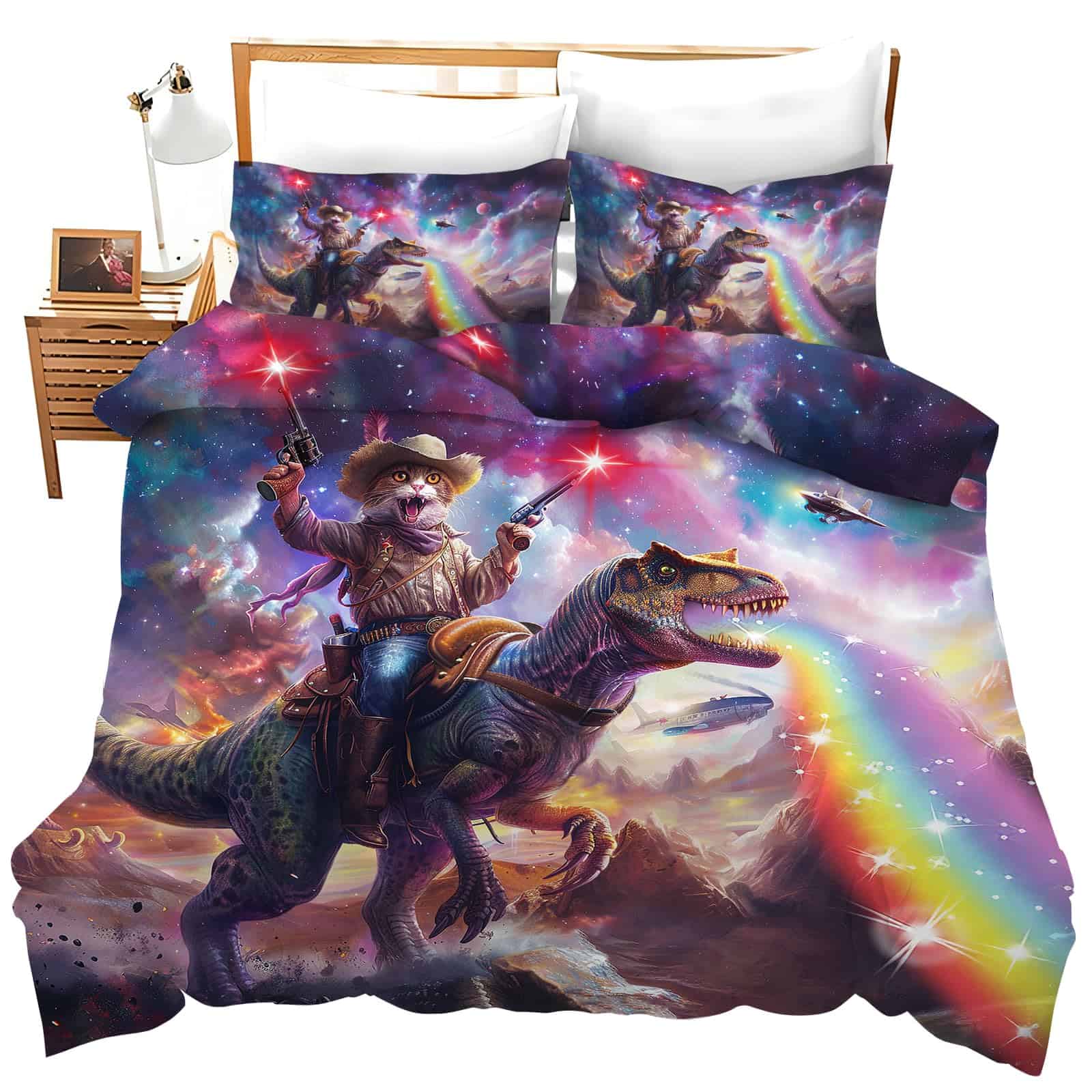 Set de edredón de gato divertido Cat Riding Dinosaur