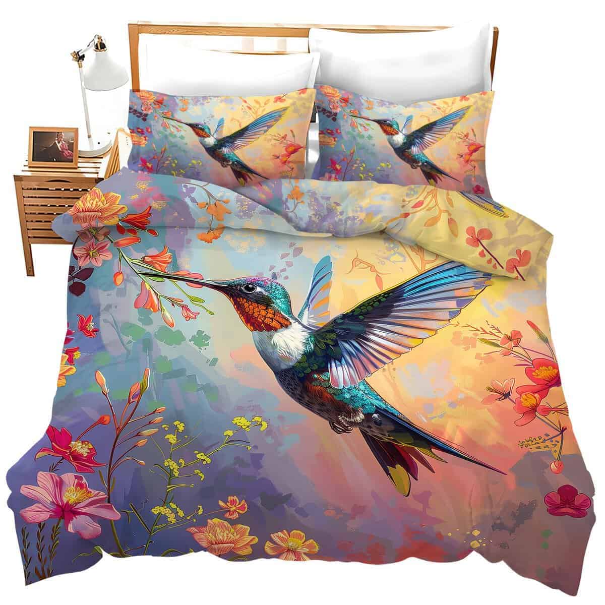 Set de edredón de colibríes con estampado de aves azules