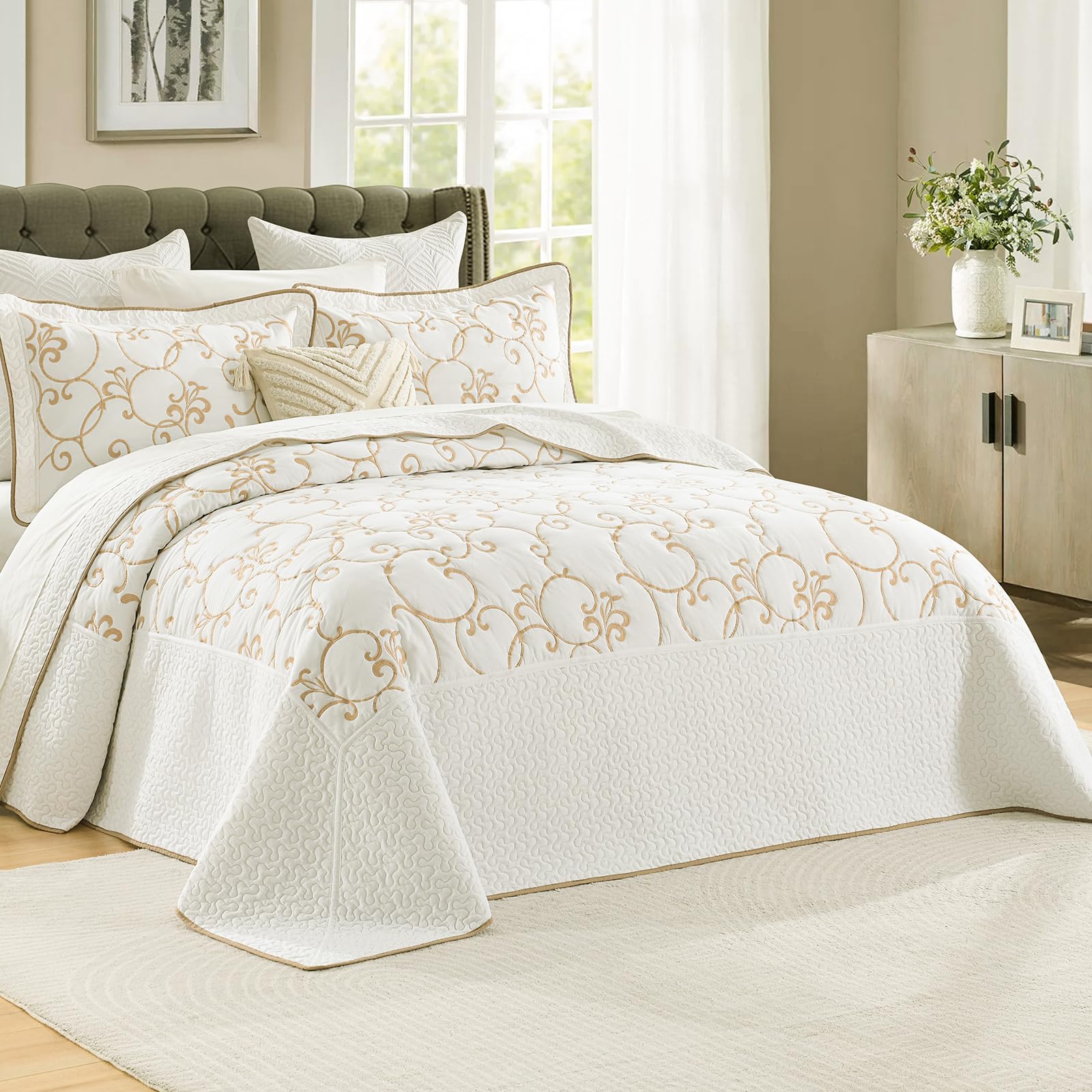 Colcha 100% algodón California King Size - 120"x120" Crema - Imagen 7