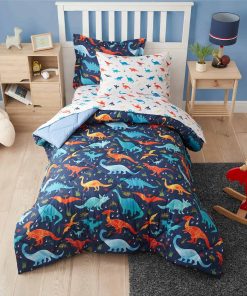 Set de edredón gemelo azul marino con dinosaurios para