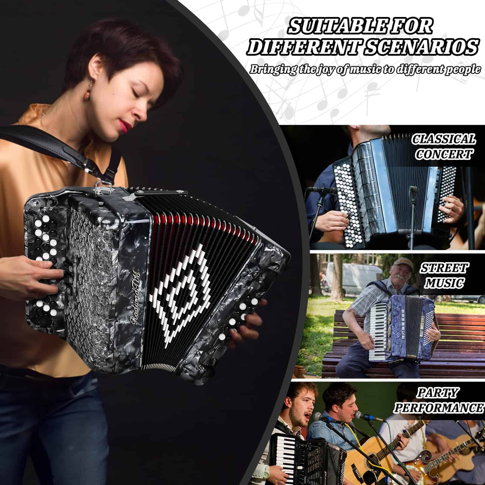 Acordeón - 34 teclas diatónicas, 12 -es (Gris) - Imagen 7