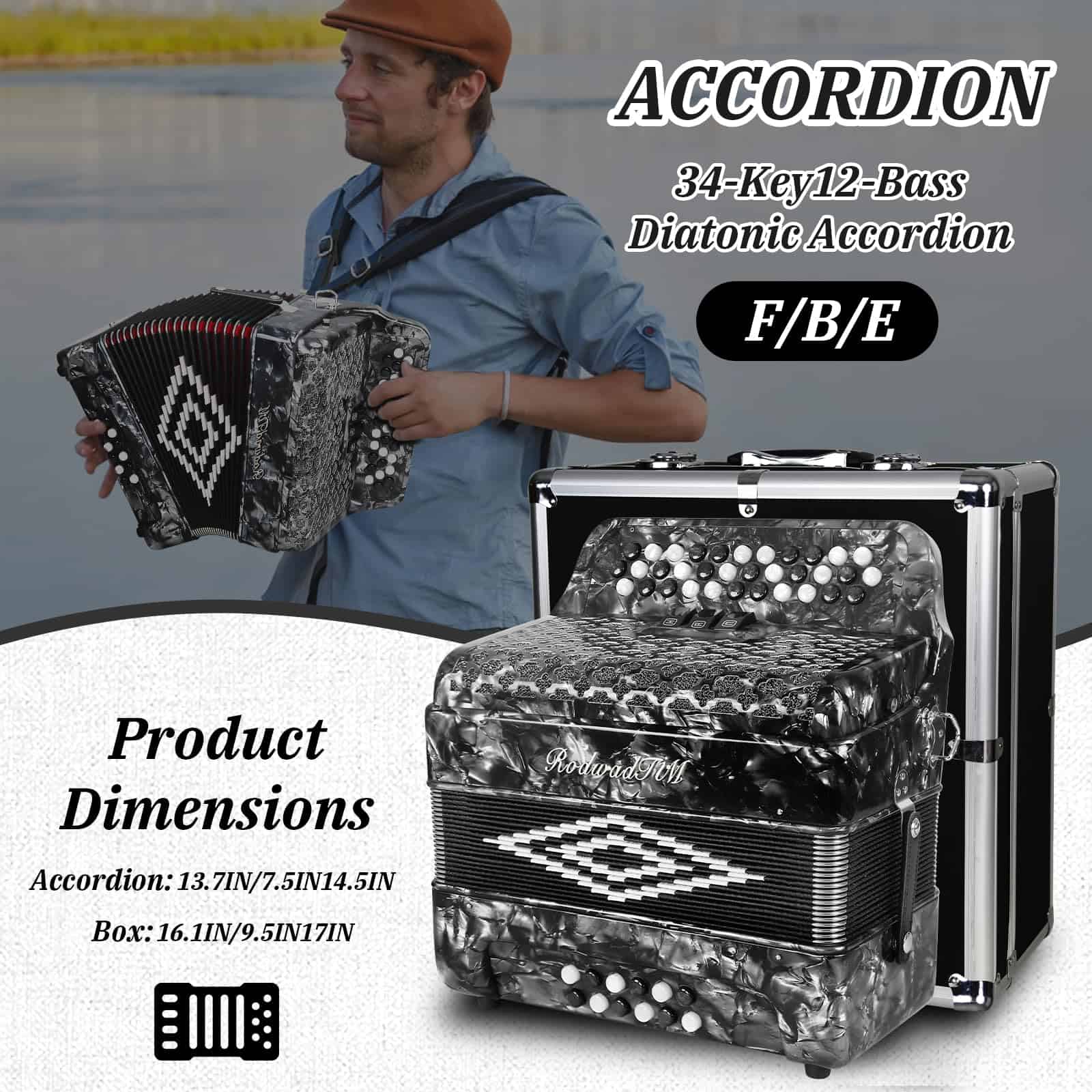 Acordeón - 34 teclas diatónicas, 12 -es (Gris) - Imagen 6