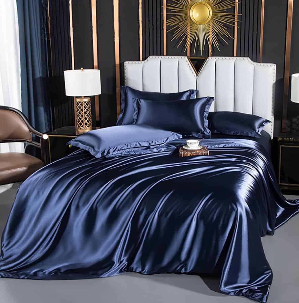 Juego de Funda de Edredón de Satén de Lujo -Azul Marino