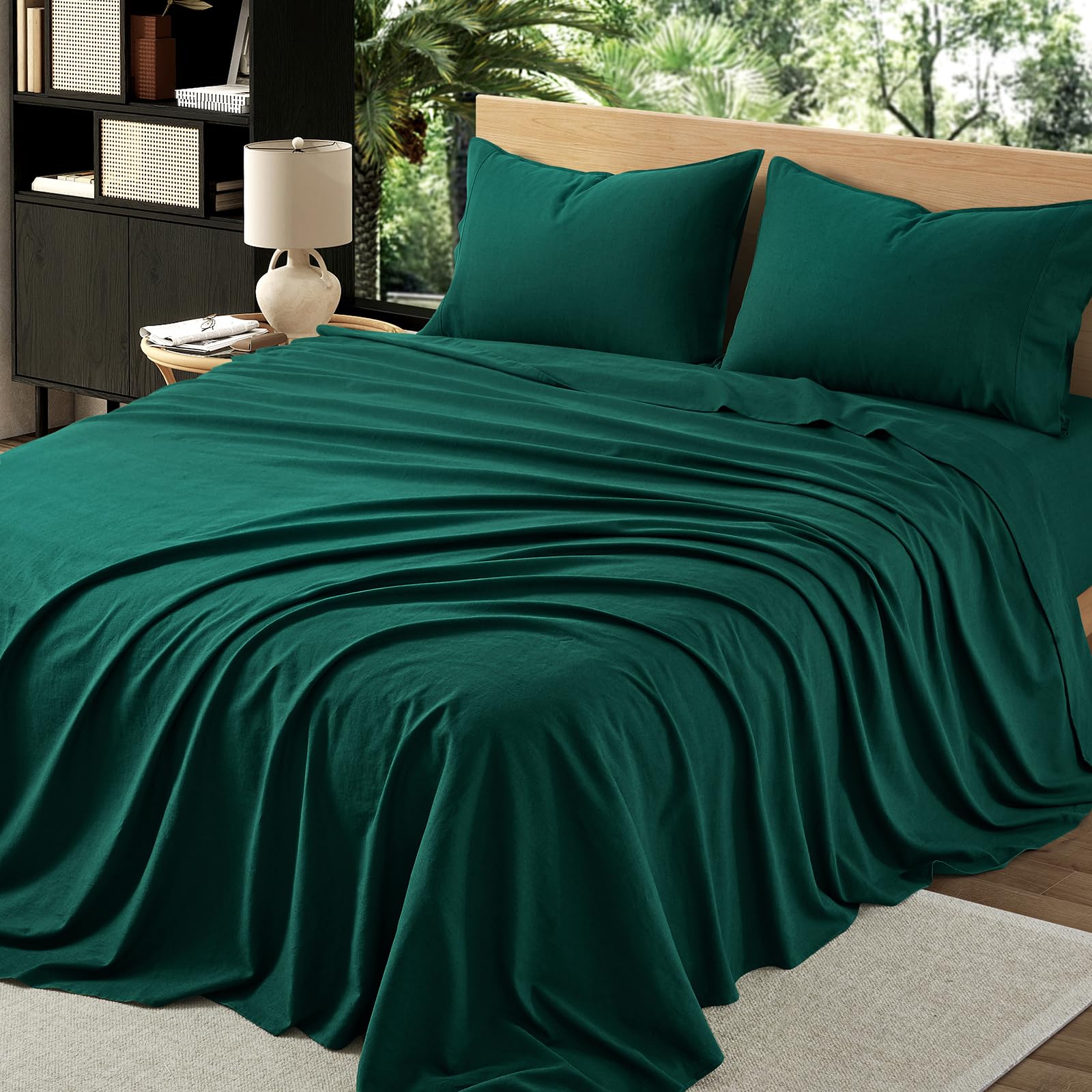 Juego de sábanas de lino orgánico OnlySet 4 -Verde Oscuro