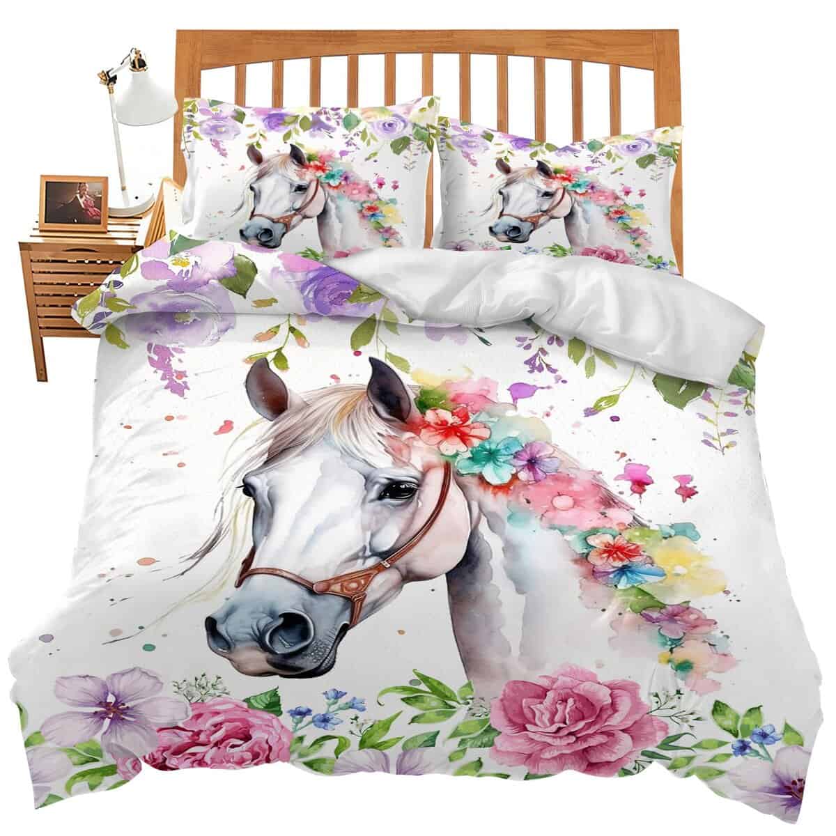 Set de Ropa de Cama Blanco de Caballo Tamaño Completo Juego