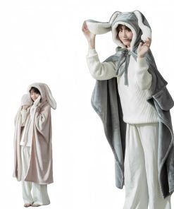 Manta de Tiro con Capucha de Conejito de Peluche Gris para