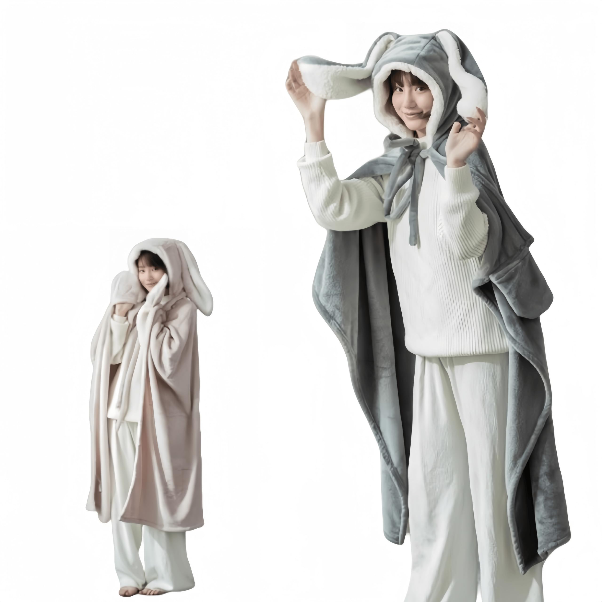 Manta de Tiro con Capucha de Conejito de Peluche Gris para