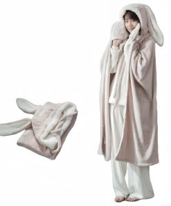 Manta con capucha portátil de orejas de conejo cubierta de