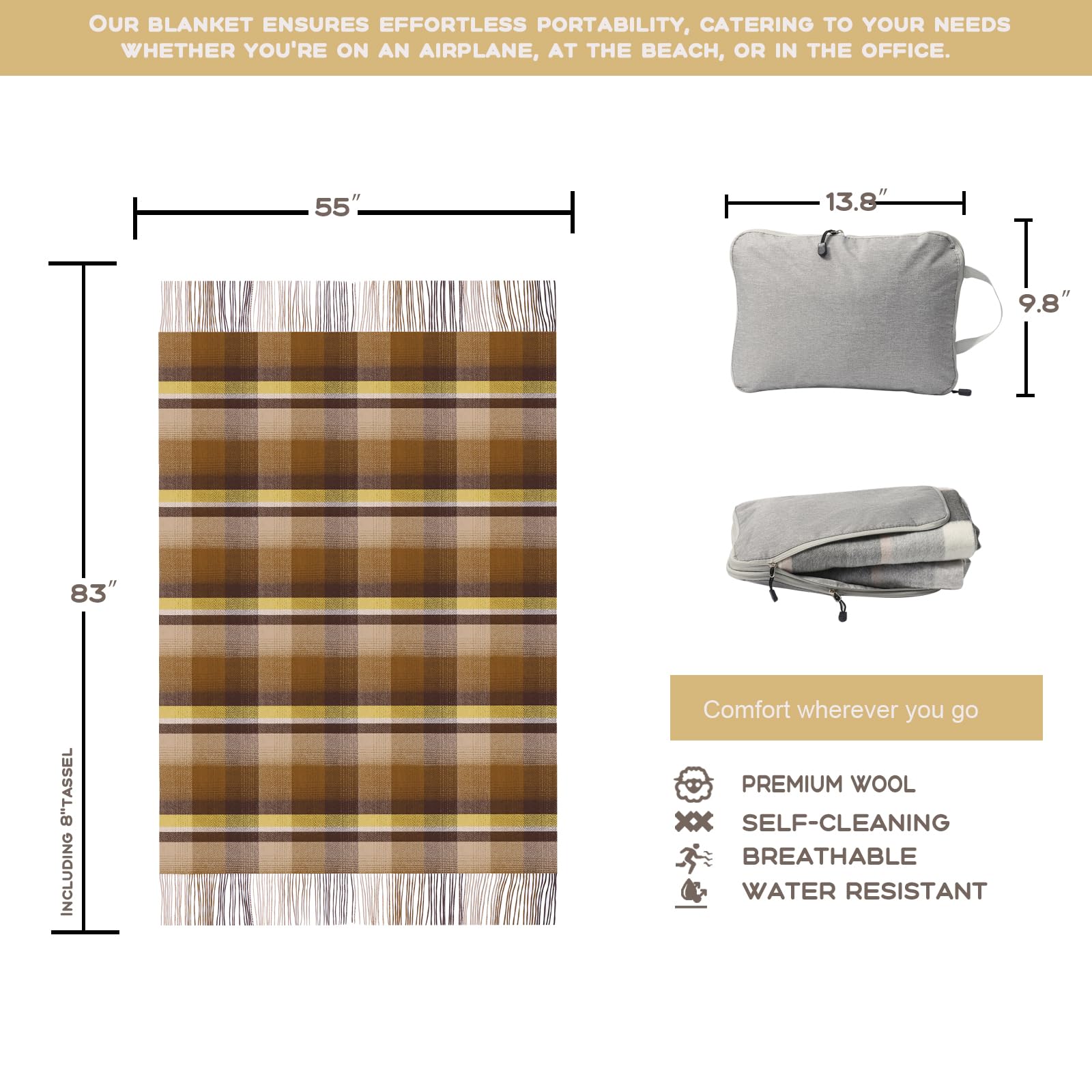 Manta de Lana Pura Temminc para Sofá, Suave -Naranja Khaki - Imagen 3