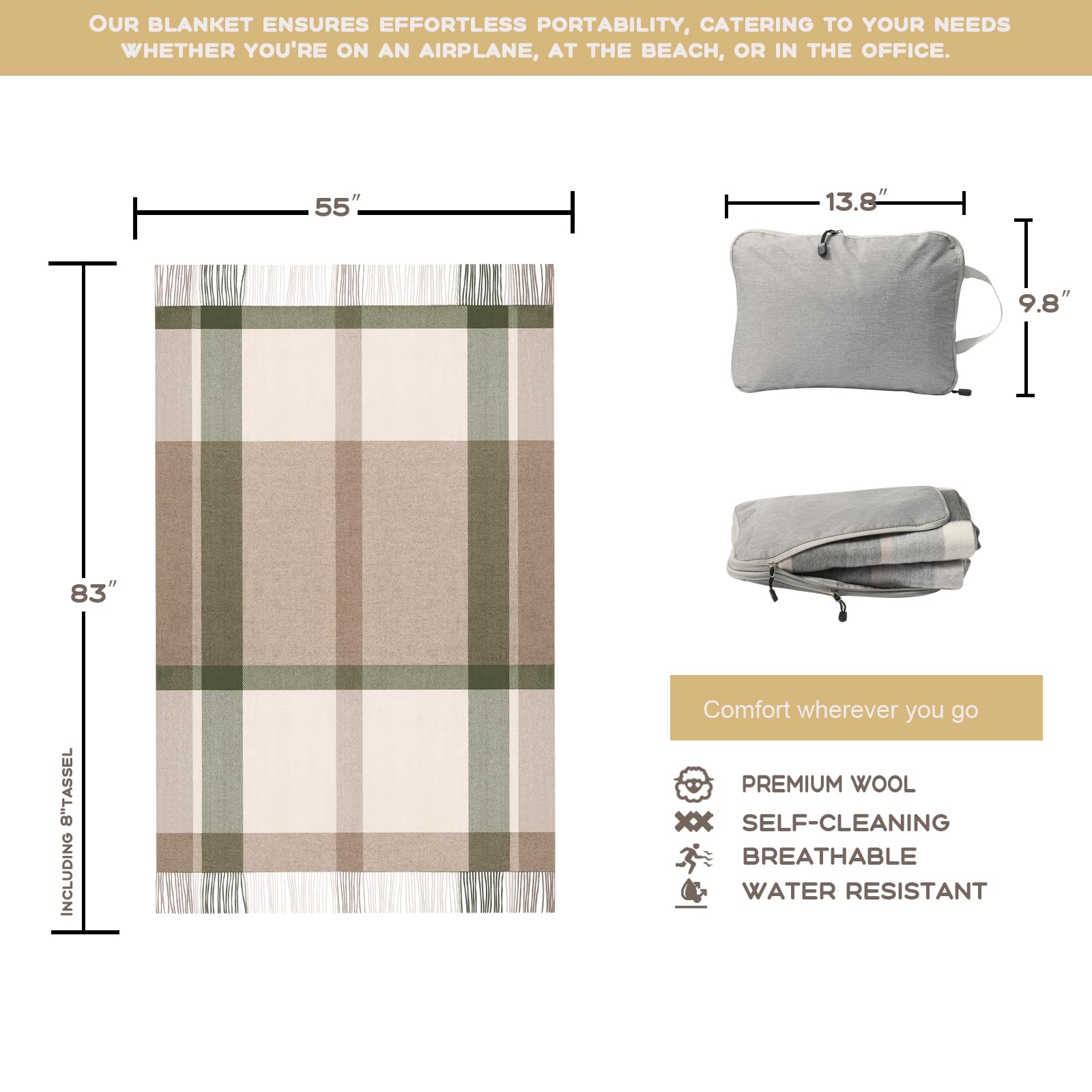 Manta de Lana Pura Temminc para Sofá, Suave -Gris Topo y Ver - Imagen 3