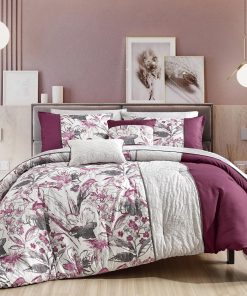 Juego de cama ESca Ontina Floral Gris y Púrpura de 9 piezas