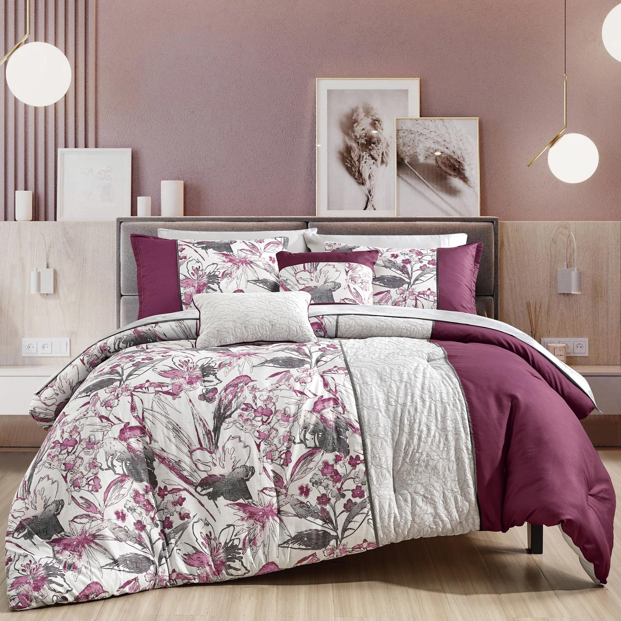 Juego de cama ESca Ontina Floral Gris y Púrpura de 9 piezas