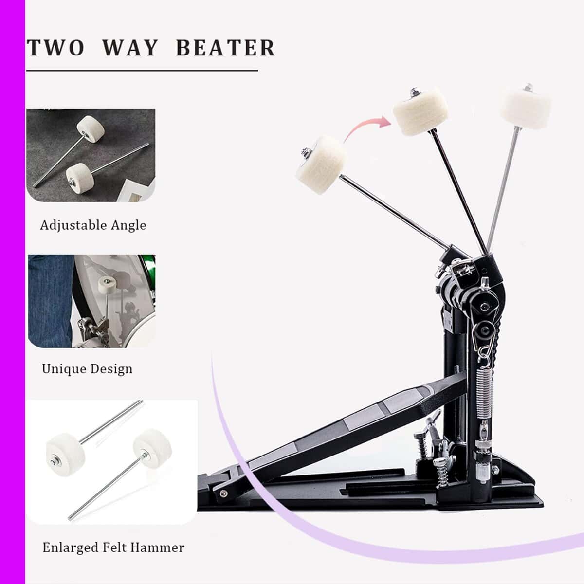 Pedal Doble para Batería Vaisoeny, Pedal Doble de Cadena - Imagen 3