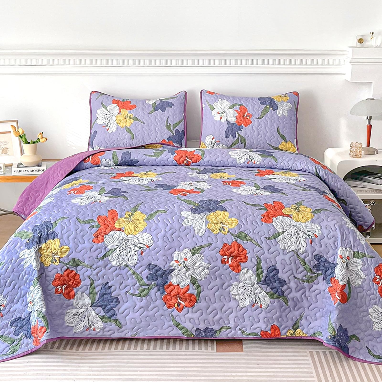 Juego de Colcha Floral para Cama Queen Size, 3 Piezas en