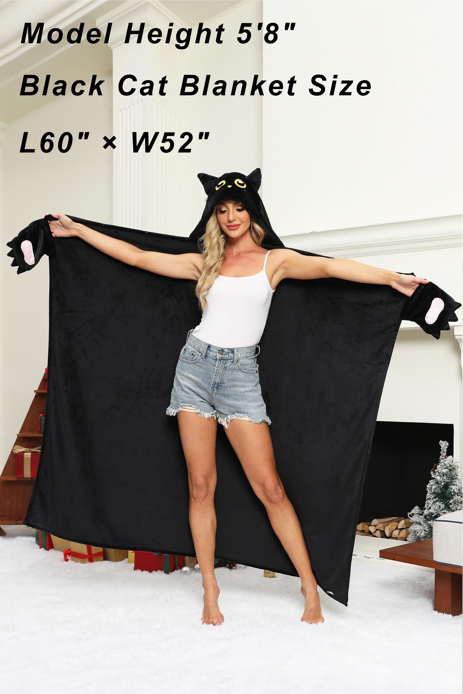 Manta con capucha para adultos con diseño de gato negro - - Imagen 4