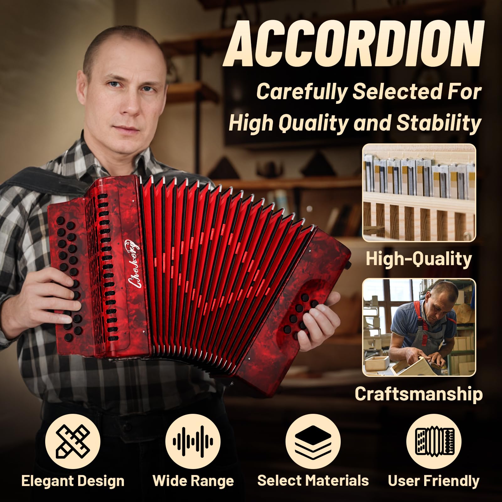 Acordeón adulto de 21 teclas y 8 bajos Chehery, acordeón - Imagen 6