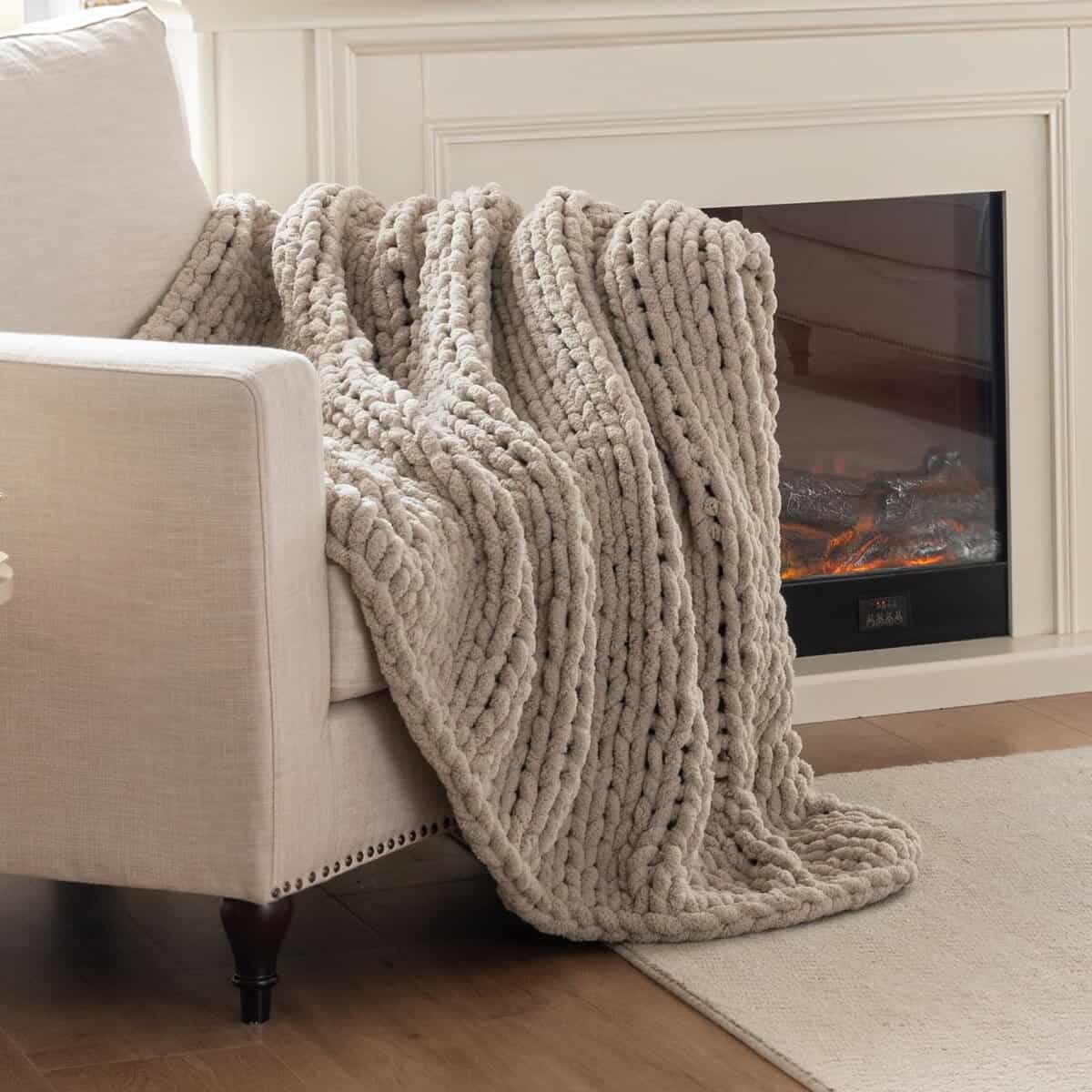 Manta de Punto Grueso LAST MODA, 100% Manta de -Beige Lino