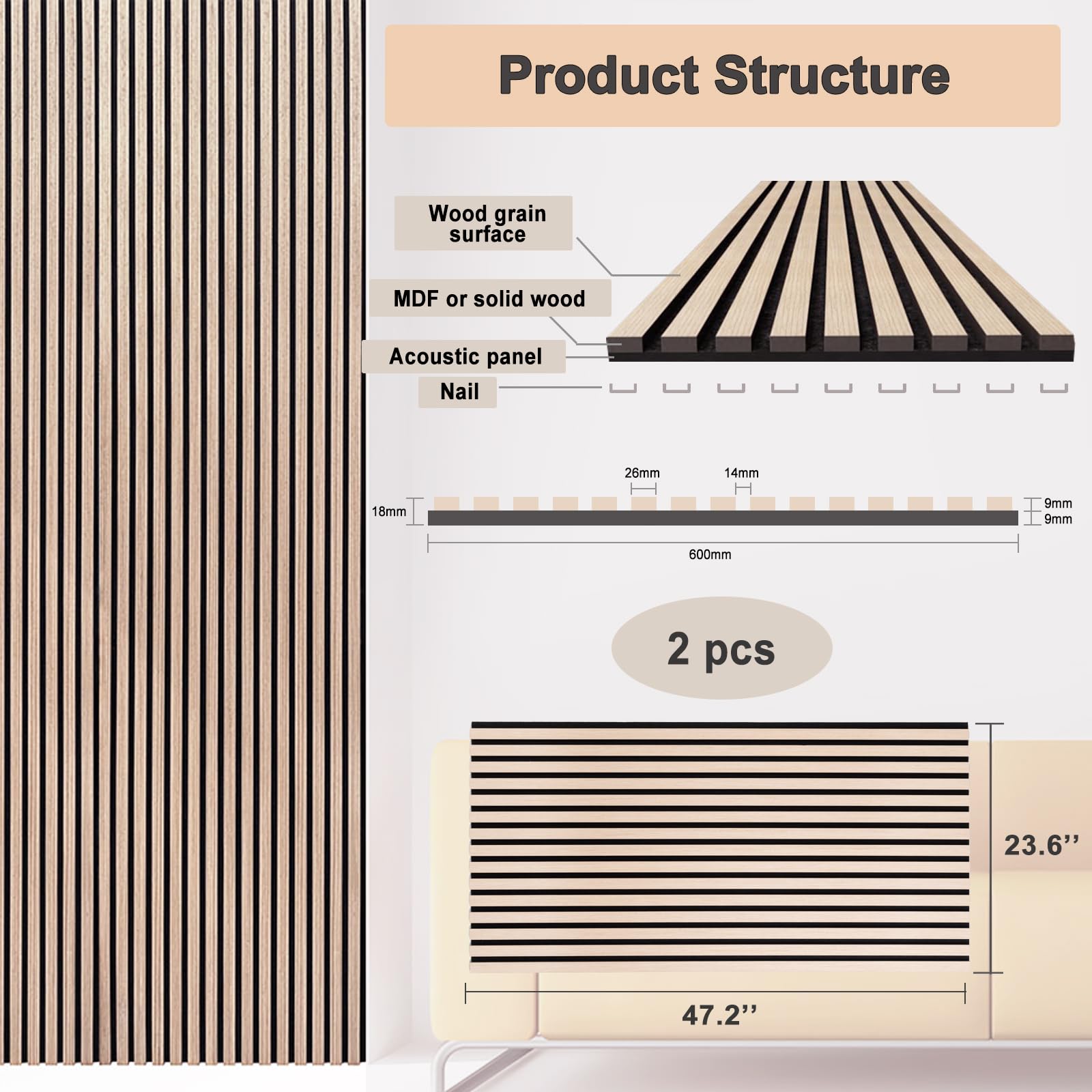 Paneles de Pared de Lamas de Madera Acústicas, Paquete de 2 - Imagen 7