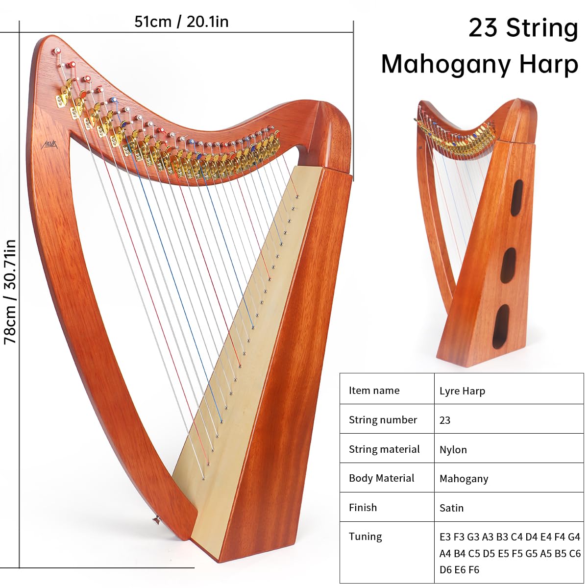 Arpa, AKLOT 23 Cuerdas Arpa de Caoba en Forma de Corazón de - Imagen 3