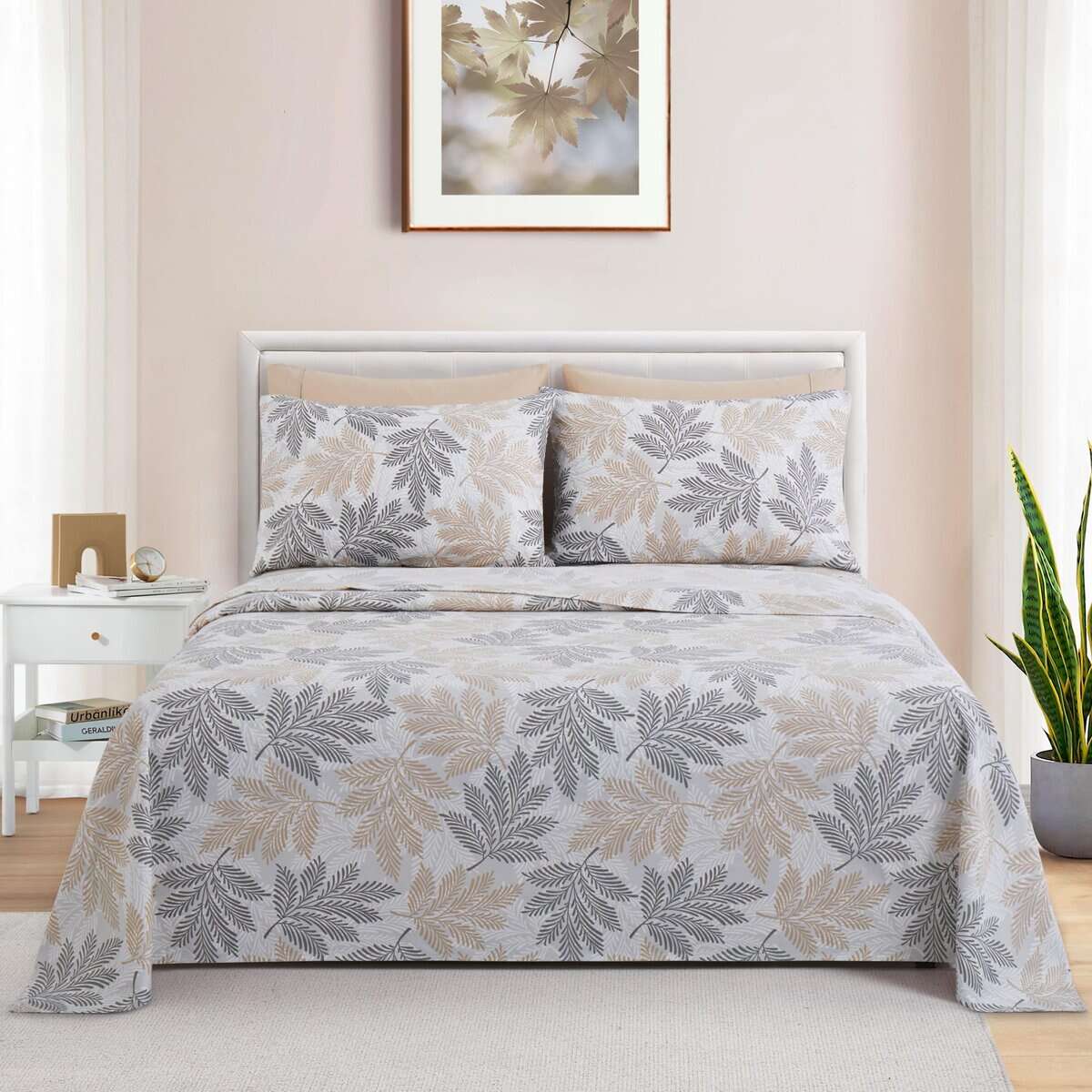 Juego de Sábanas de 6 Piezas con Estampado de Hojas Grises - Imagen 3