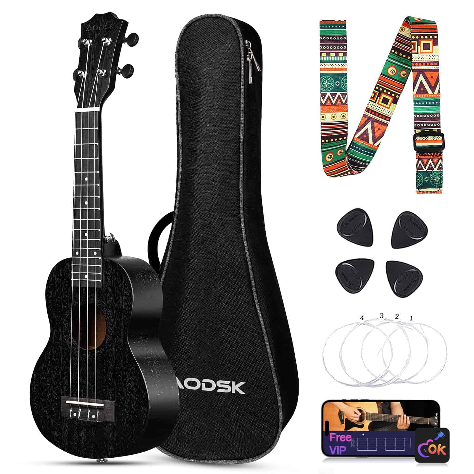 Ukulele Negro AODSK para Principiantes de 23 Pulgadas con