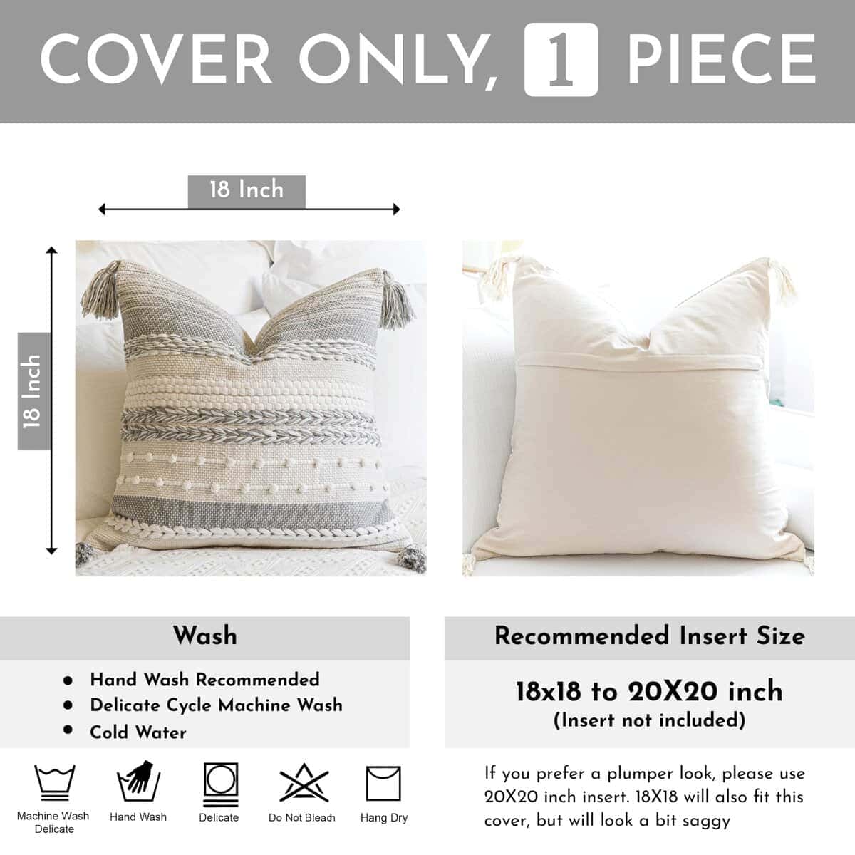 Funda de Almohada Decorativa Boho Gris BlissBlush 18x18 - Imagen 4