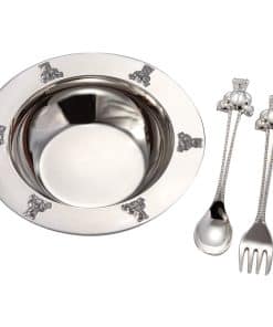 Set de plato, cuchara y tenedor con osito para bebé bañado