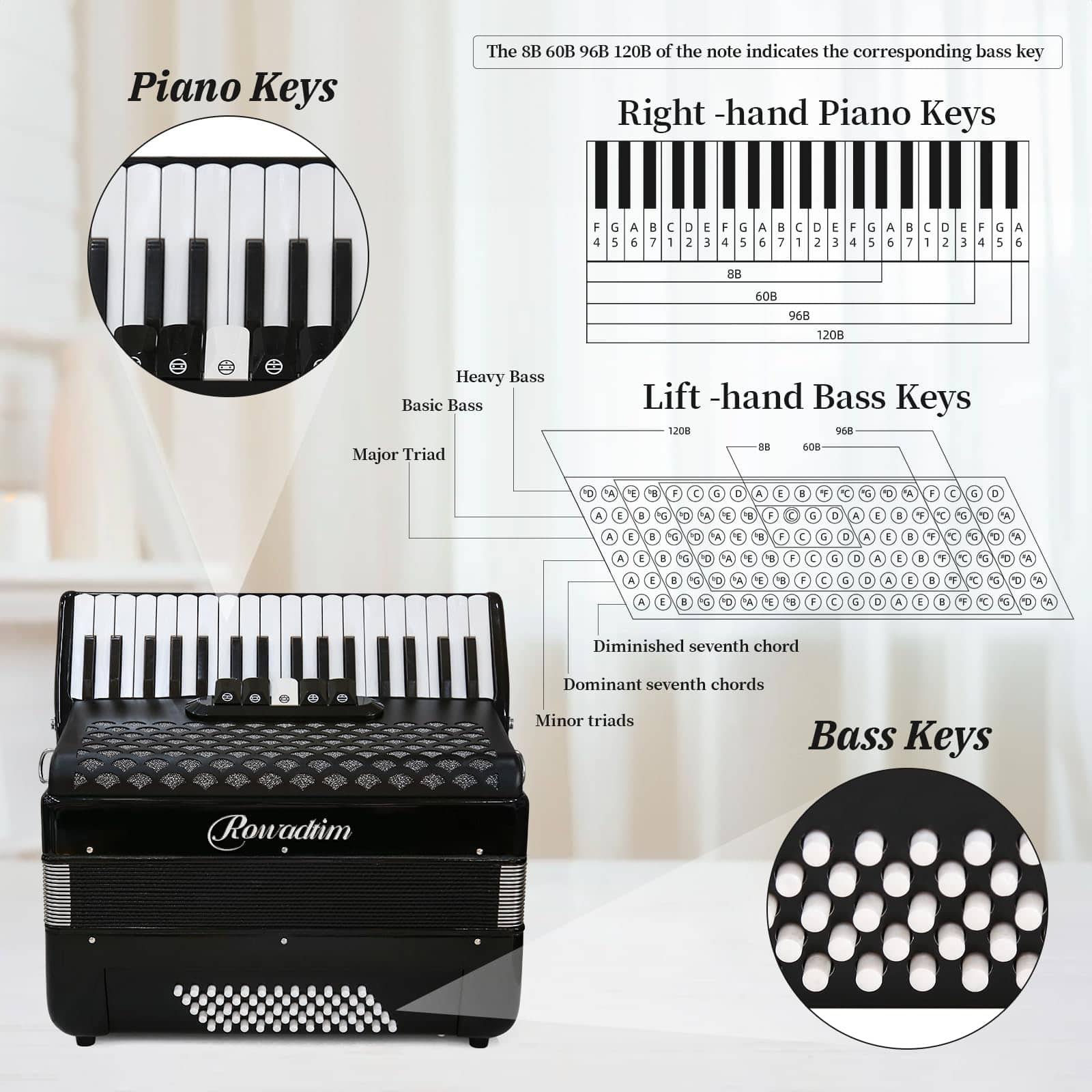 Acordeón - 34 Teclas 60 Bajos Estilo -oscuro - Imagen 4