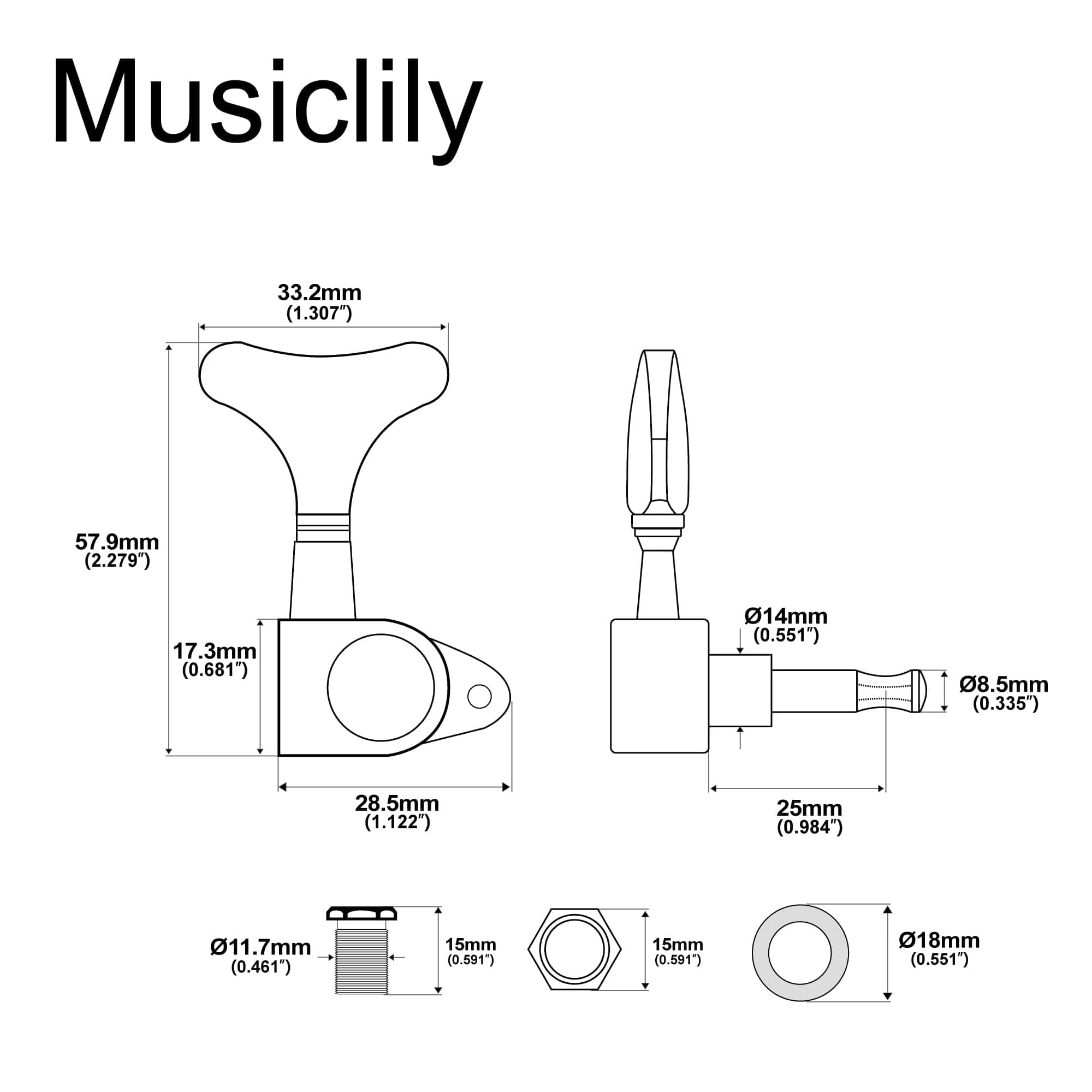 Clavijas de afinación cerradas Musiclily 3+3 para bajo con - Imagen 3