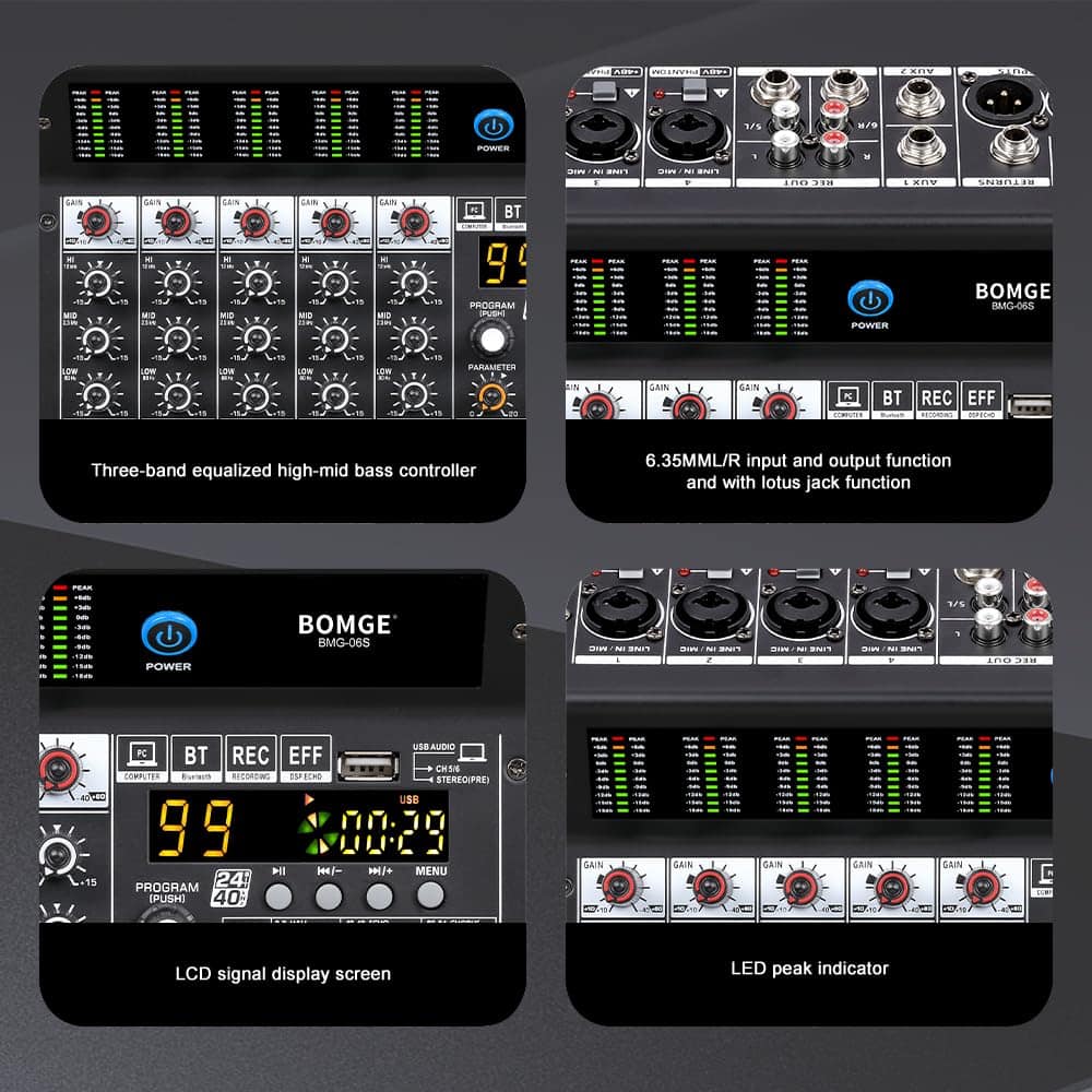 Mezcladora de audio profesional BOMGE 6 Canales con 99 - Imagen 10
