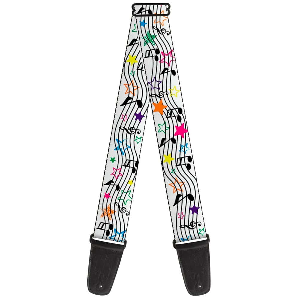 Correa de guitarra Notas Musicales Estrellas Blanco Negro