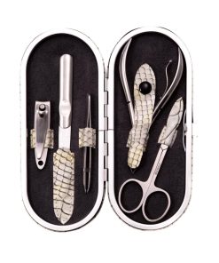 Set de Manicura de Cuero con Estampado de Serpiente Blanca