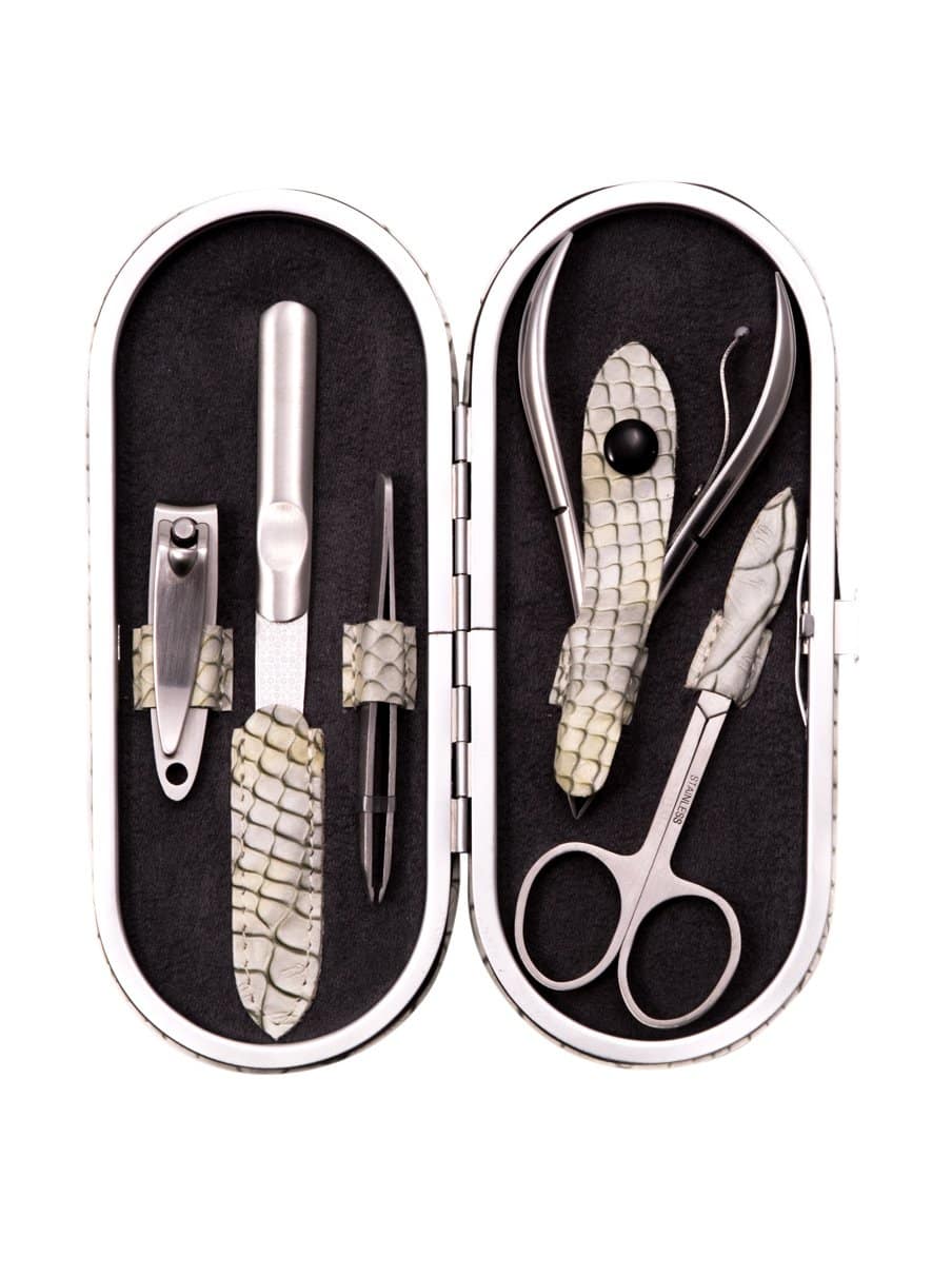 Set de Manicura de Cuero con Estampado de Serpiente Blanca