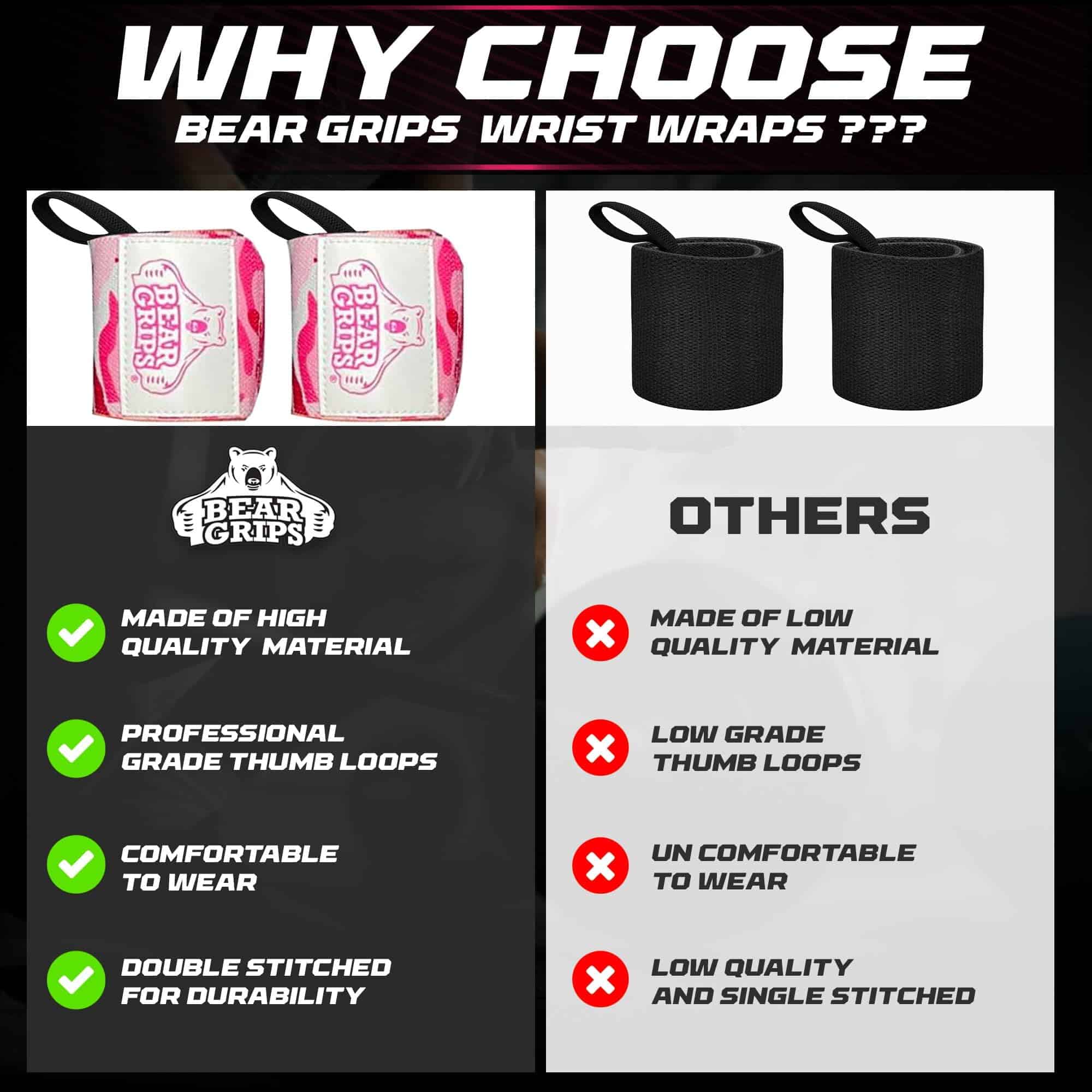 Bear Grips Extra Strength Gym Wrist Wraps for -Rosa - Imagen 7