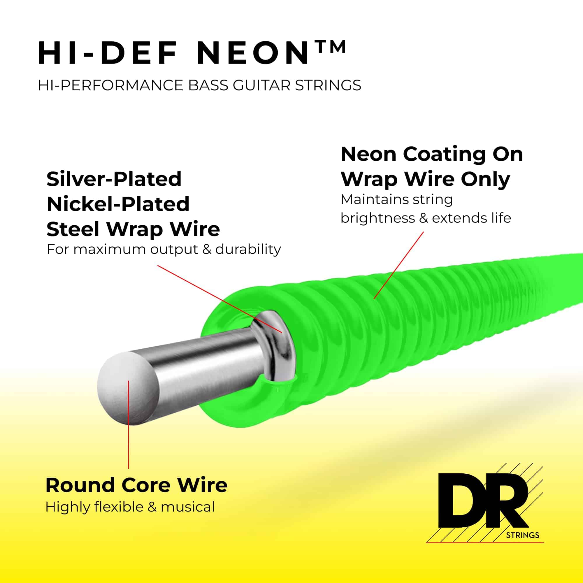 Cuerdas para bajo DR Strings Hi-Def NEON Verde recubiertas - Imagen 5