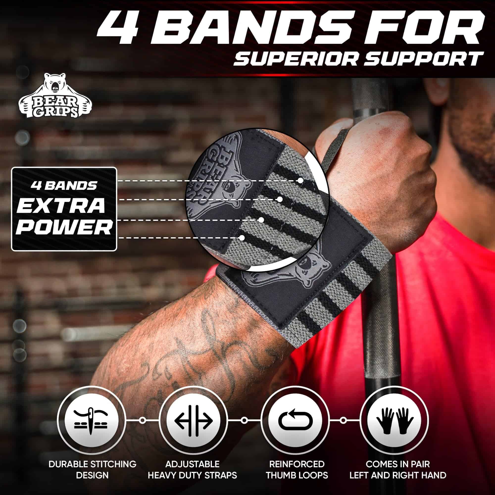 Bear Grips Extra Strength Gym Wrist Wraps for -Gray - Imagen 3