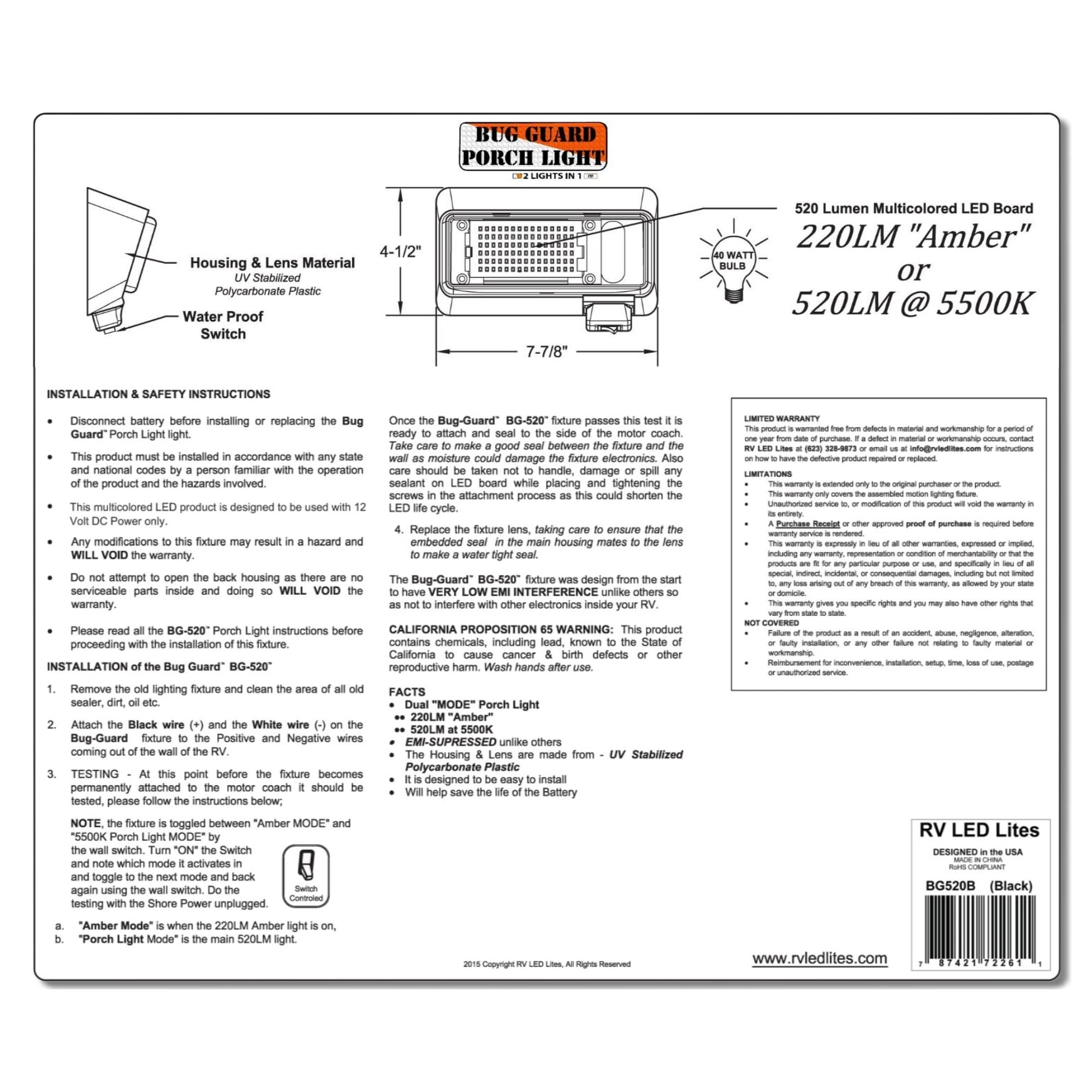 BUG-GUARD, BG520B Luz de inundación de toldo de RV exterior - Imagen 6