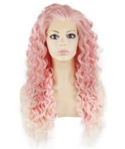 Peluca de Encaje Frontal Rizado Blanco con Puntas Rosadas