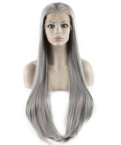 Pelucas Gris Largo Recto de Encaje Frente Sintético Natural