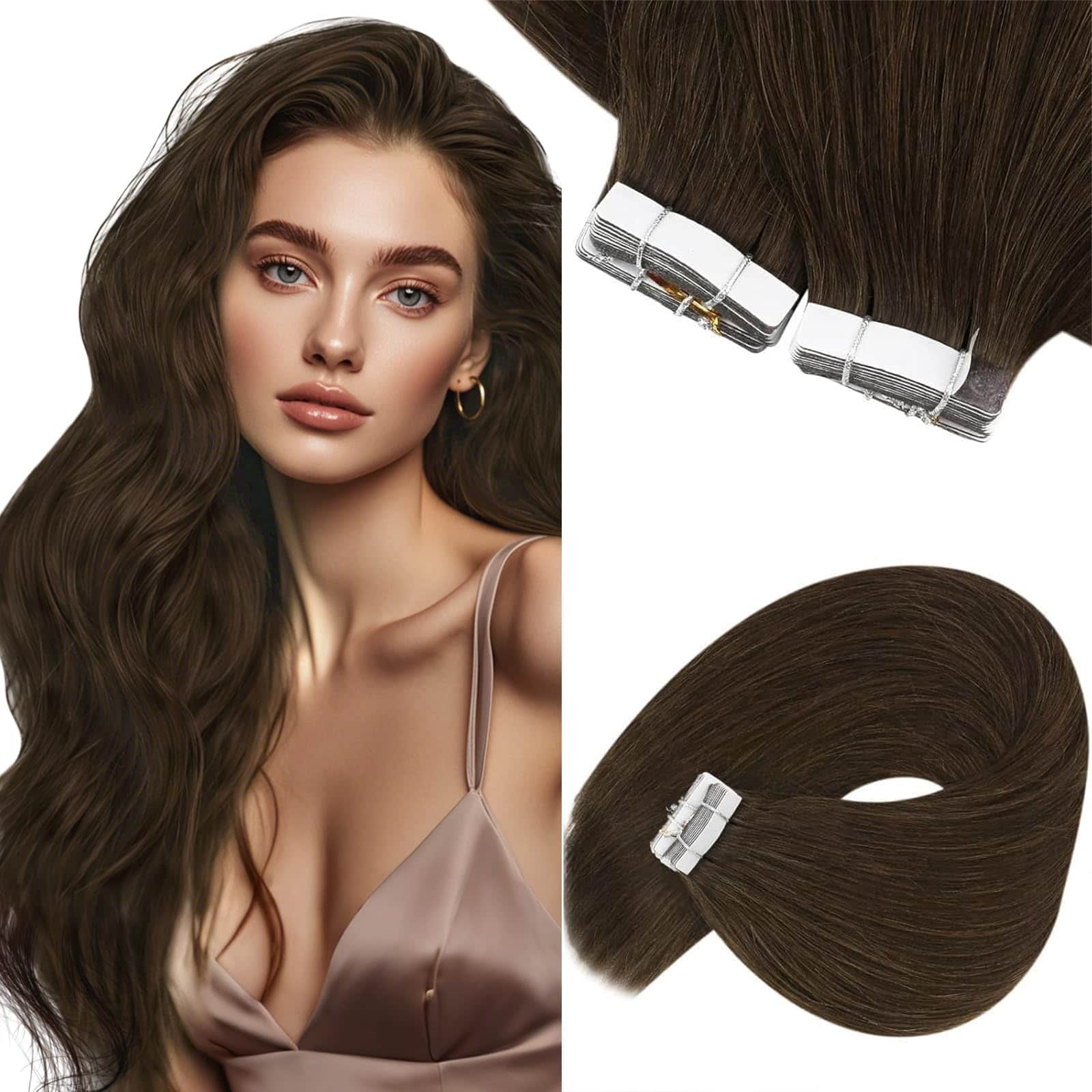 Extensiones de Cabello Tape in de Pelo -Marrón Remy-Pure