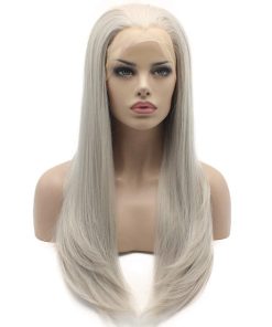 Pelucas de Encaje Frontal Sintético Gris Largo Liso de Alta