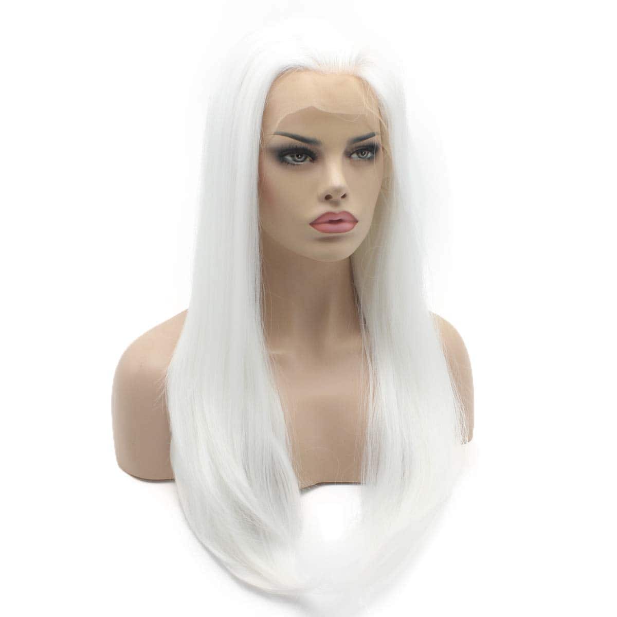 Pelucas Sintéticas Blancas Largas y Lisas con Frente de - Imagen 3