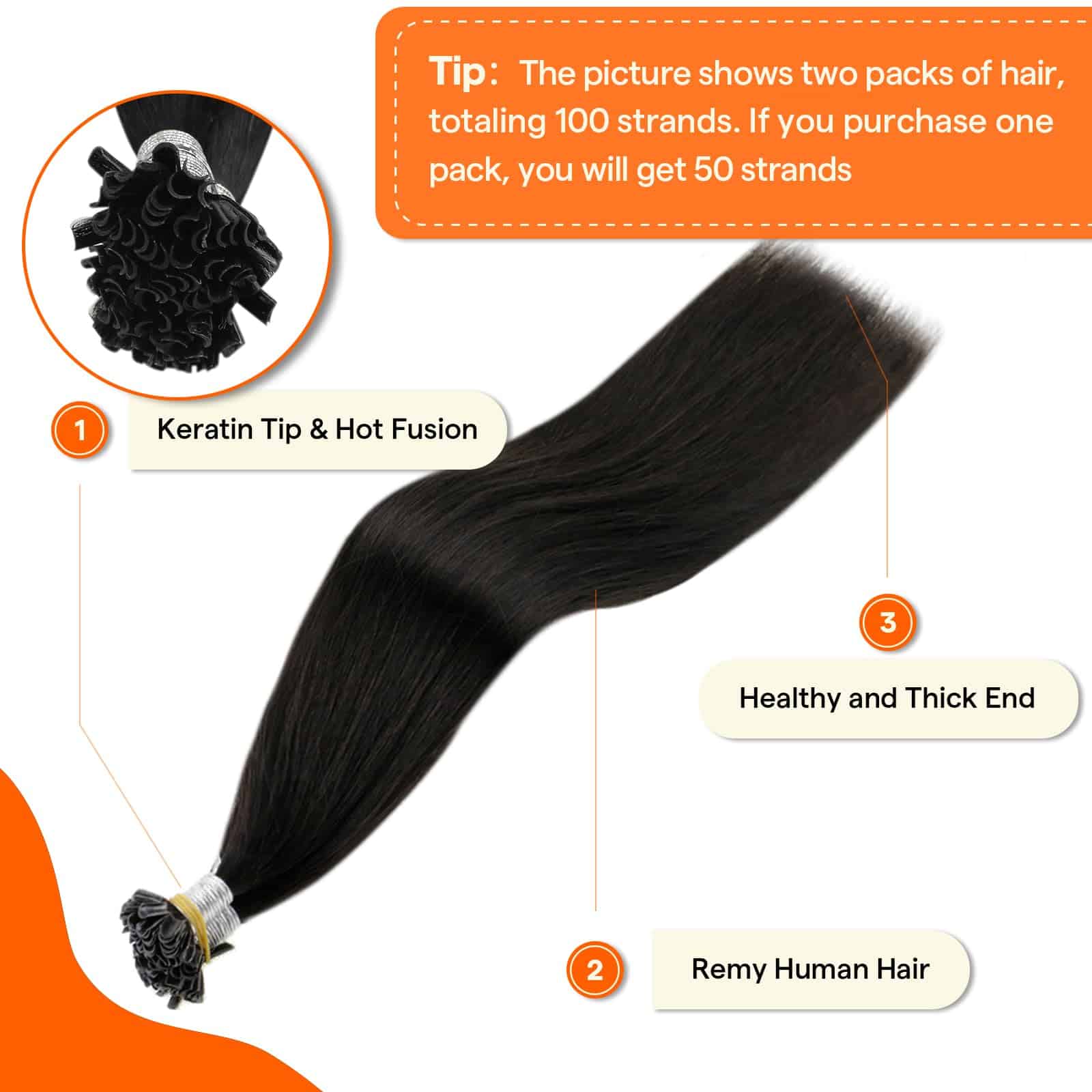 Extensiones de Cabello Full Shine U Tip de -Negro Natural - Imagen 3