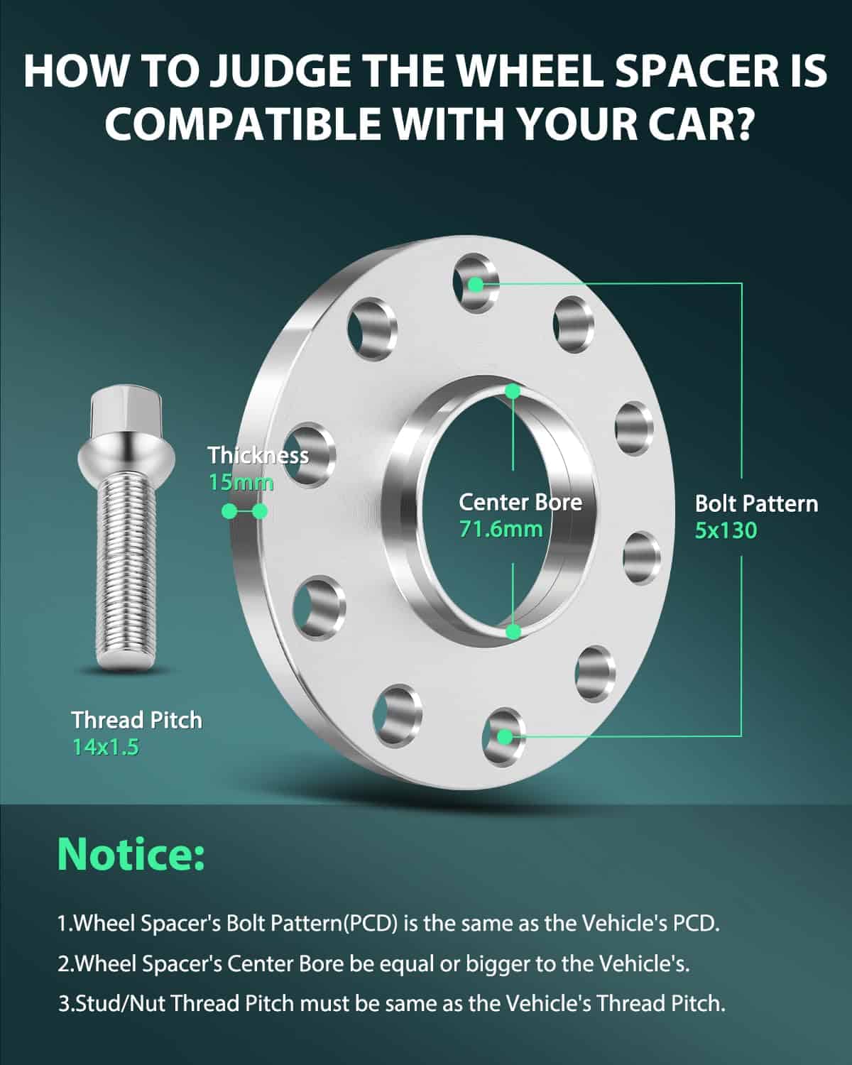 SCITOO 4Pcs Separadores de Rueda 15mm 5x130 Centro 71.6mm - Imagen 4