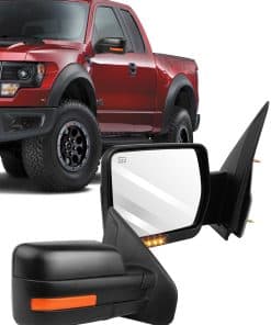 Espejo del lado del pasajero con luces de giro y charcos